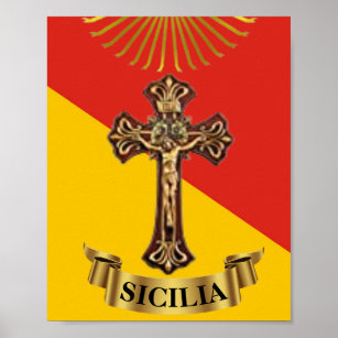 Sizilianische Flagge und Kruzifix-Poster Poster