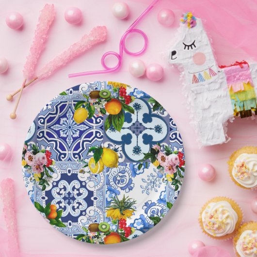 sizilianische Fliesen, Majolika, Zitronen, Zitrusf Pappteller (Party)