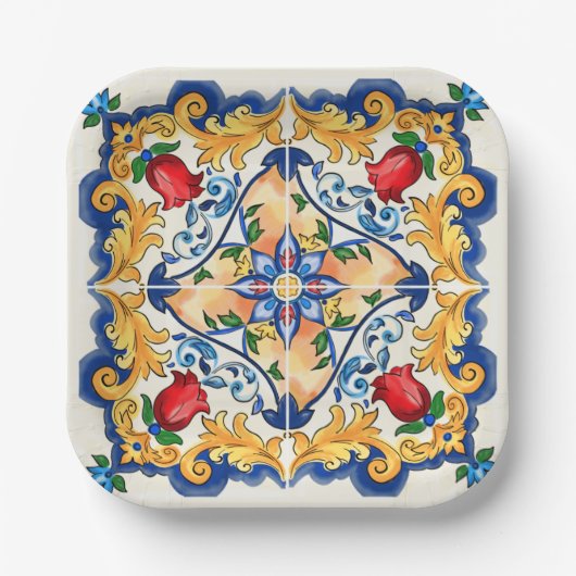 Sizilianische Majolica farbenfrohe Fliesenmuster Pappteller (Vorderseite)