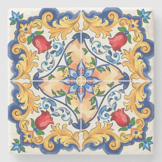 Sizilianische Majolica farbenfrohe Fliesenmuster Steinuntersetzer (Vorderseite)