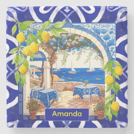 Sizilianische Mittelmeer-Majolika Zitruskacheln Steinuntersetzer (Vorderseite)