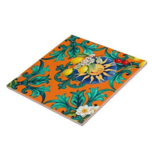 sizilianische Sonne, Sommer, Zitrone, Mosaik, Blau Fliese (Seite)