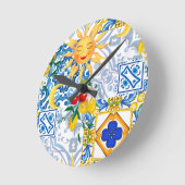 sizilianische Sonne, Zitrone, Majolika, Tischläufe Runde Wanduhr (Winkel)