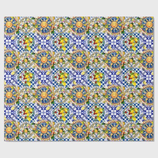 sizilianische Sonne, Zitrone, mediterrane Fliesen, Geschenkpapier (Flach)