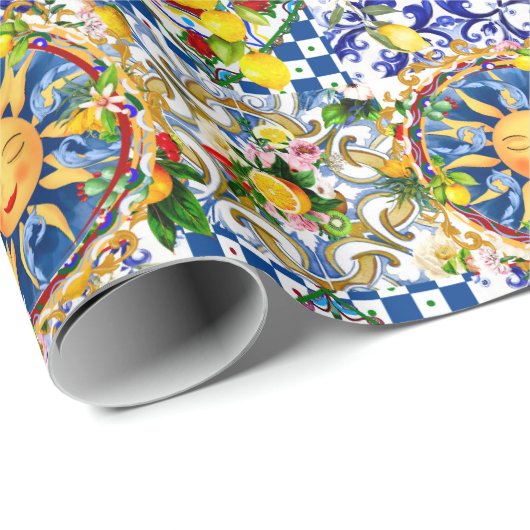 sizilianische Sonne, Zitrone, mediterrane Fliesen, Geschenkpapier (Rolleneckpunkt)