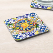 sizilianische Sonne, Zitrone, mediterrane Fliesen, Getränkeuntersetzer (Linke Seite)