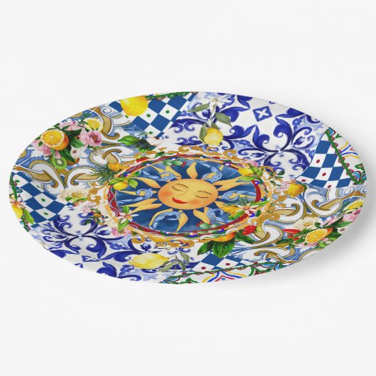 sizilianische Sonne, Zitrone, mediterrane Fliesen, Pappteller (Schrägansicht)