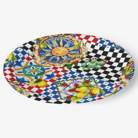 sizilianische Sonne, Zitrone, mediterrane Fliesen, Pappteller (Schrägansicht)