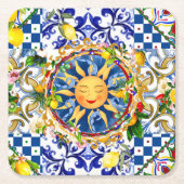 sizilianische Sonne, Zitrone, mediterrane Fliesen, Rechteckiger Pappuntersetzer (Vorderseite)