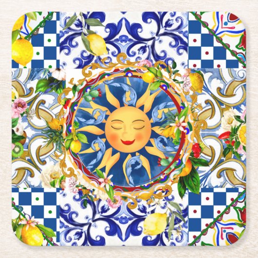 sizilianische Sonne, Zitrone, mediterrane Fliesen, Rechteckiger Pappuntersetzer (Vorderseite)