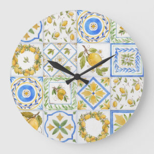 Sizilianische Zitronen Aquarell-Quadrat-Muster Große Wanduhr