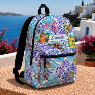 Sizilianische Zitrus-Blumen-Mittelmeer-Azulejo-Fli Bedruckter Rucksack