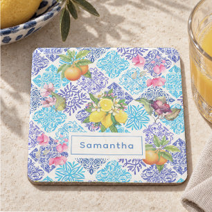 Sizilianische Zitrus-Blumen-Mittelmeer-Azulejo-Fli Steinuntersetzer
