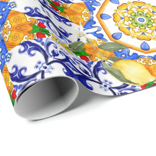 sizilianischer Stil, Zitronen, Majolika Geschenkpapier (Rolleneckpunkt)