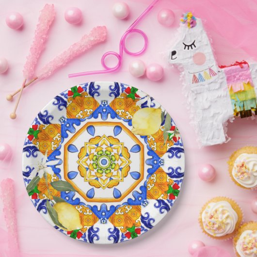 sizilianischer Stil, Zitronen, Majolika Pappteller (Party)