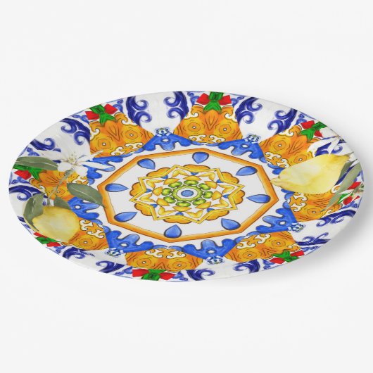 sizilianischer Stil, Zitronen, Majolika Pappteller (Schrägansicht)