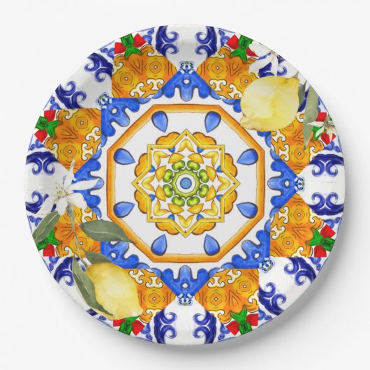 sizilianischer Stil, Zitronen, Majolika Pappteller (Vorderseite)