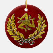 Sizilianischer Trinacria Heirloom im Gold auf Rot Keramik Ornament (Hinten)