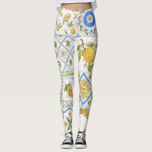 Sizilianisches Lemons Watercolor Square Muster Leggings (Vorderseite)