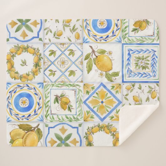 Sizilianisches Lemons Watercolor Square Muster Sherpadecke (Vorderseite (Horizontal))