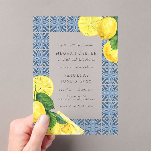 Sizilianisches Mittelmeer Blue Tiles Lemon Wedding Acryleinladungen (Insitu (Handheld))
