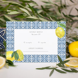 Sizilianisches Mittelmeer Blue Tiles Lemon Wedding RSVP Karte