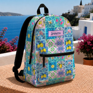 Sizilianisches Mittelmeer Türkis Azulejo Zitrus Bedruckter Rucksack