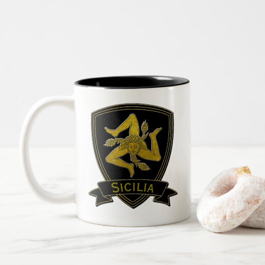 Sizilianisches Trinacria Schwarzes u. Gold Zweifarbige Tasse (Mit Donut)