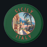 Sizilien Italien Retro Distressed Circle Magnet<br><div class="desc">Sizilien Retro Vektor Reise Design. Sizilien,  die größte Mittelmeerinsel,  liegt direkt vor dem "Zeh" des italienischen "Stiefels". Seine reiche Geschichte spiegelt sich in Orten wie dem Tal der Tempel wider.</div>