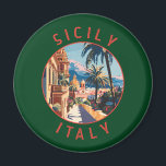 Sizilien Italien Retro Distressed Circle Magnet<br><div class="desc">Sizilien Retro Vektor Reise Design. Sizilien, die größte Mittelmeerinsel, liegt direkt vor dem "Zeh" des italienischen "Stiefels". Seine reiche Geschichte spiegelt sich in Orten wie dem Tal der Tempel wider.</div>