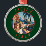 Sizilien Italien Retro Distressed Circle Ornament Aus Metall<br><div class="desc">Sizilien Retro Vektor Reise Design. Sizilien,  die größte Mittelmeerinsel,  liegt direkt vor dem "Zeh" des italienischen "Stiefels". Seine reiche Geschichte spiegelt sich in Orten wie dem Tal der Tempel wider.</div>