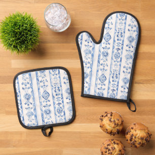 Sizilien Italienisch Rustikal Blaue Streifen Ofenhandschuh & Topflappen-Set