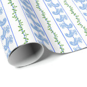 Skandi Blaue Vogel Grüne Efeu Streifen Geschenkpapier (Rolleneckpunkt)