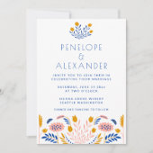 Skandi Folk Blume in blauer und gelber Hochzeit Einladung (Vorderseite)