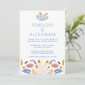 Skandi Folk Blume in blauer und gelber Hochzeit Einladung (Stehend Vorderseite)