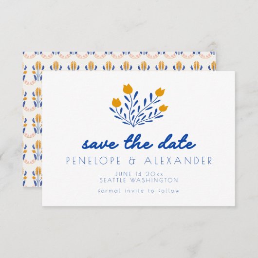 Skandi Folk Blume in blauer und gelber Hochzeit Save The Date (Vorne/Hinten)