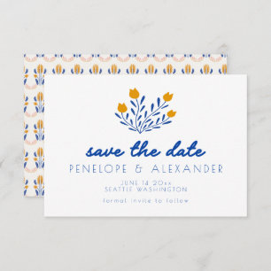Skandi Folk Blume in blauer und gelber Hochzeit Save The Date