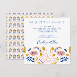 Skandi Folk Blume in Blue Lässig Square Wedding Einladung