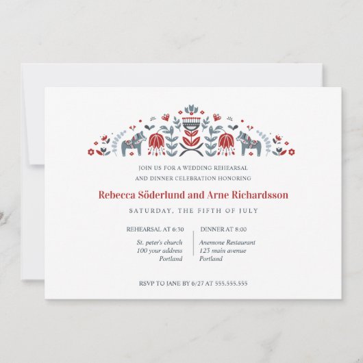 Skandinavien Folk Art Dala Probe Abendessen Einladung (Vorderseite)
