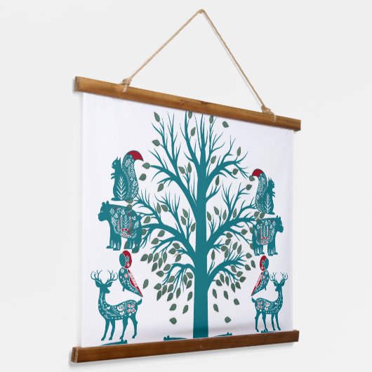Skandinavien Moderne Kunst Nordic Tree of Life Mau Wandteppich Mit Holzrahmen (Gewinkelt)