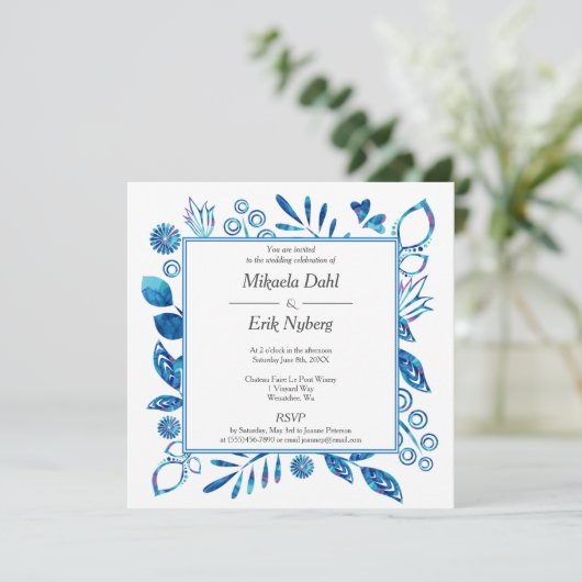 Skandinavier Blaue Türkis Blume Blätter Herz Einladung (Stehend Vorderseite)