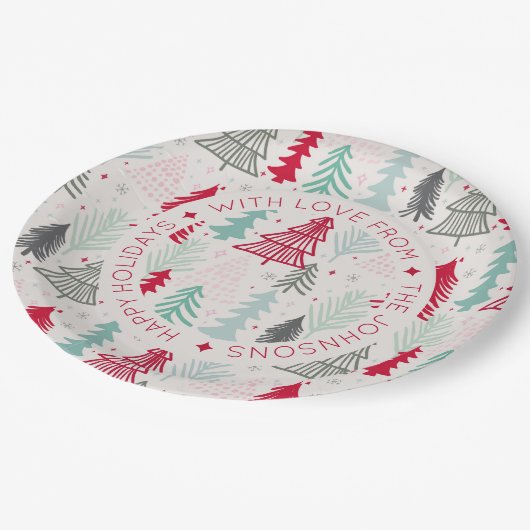Skandinavier Doodle Weihnachtsbaumen Personalisier Pappteller (Schrägansicht)