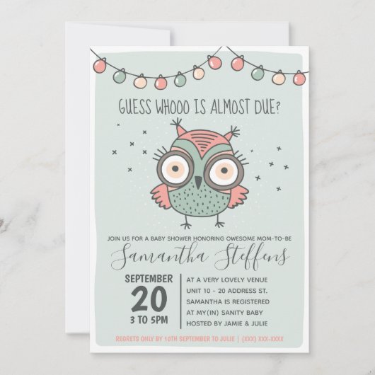 Skandinavier Grüner Whoo ist Due Owl Baby Dusche Einladung (Vorderseite)