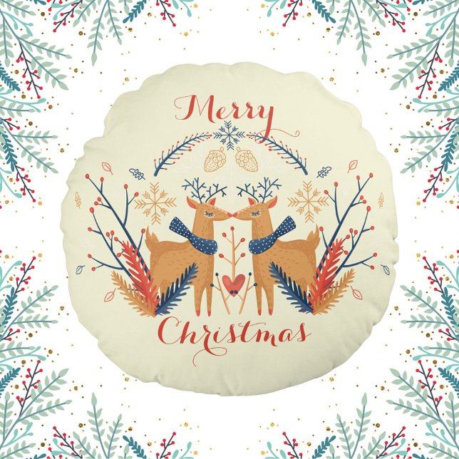 Skandinavier Hirsch Nordic Frohen Weihnachtsdesign Rundes Kissen (Scandinavian Folk Woodland Deer Cream Round Pillow)