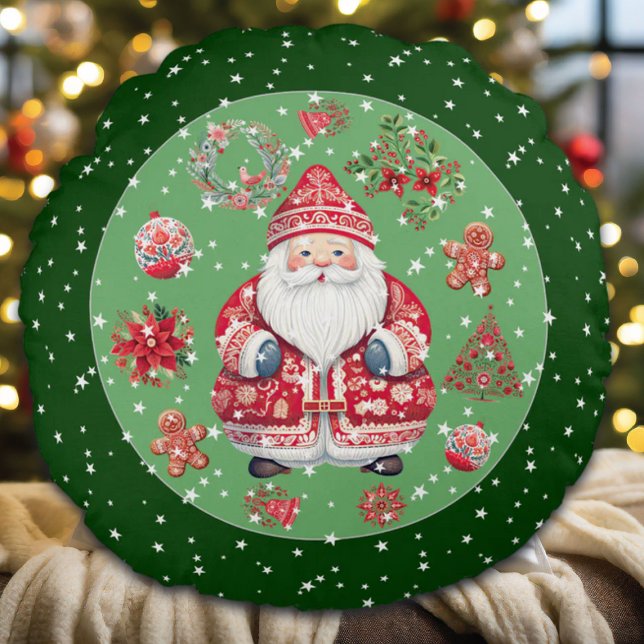 Skandinavier Santa Claus Green Rundes Kissen (Von Creator hochgeladen)