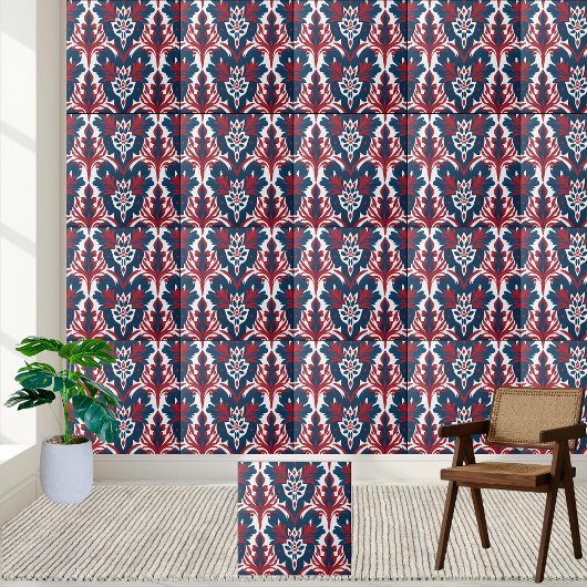 Skandinavische Damask-Tile in Rot und Blau Fliese