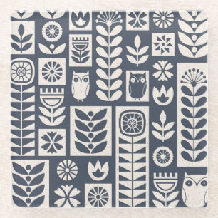 Skandinavische Flora: Weiß, blau, Minimalistisch. Glasuntersetzer