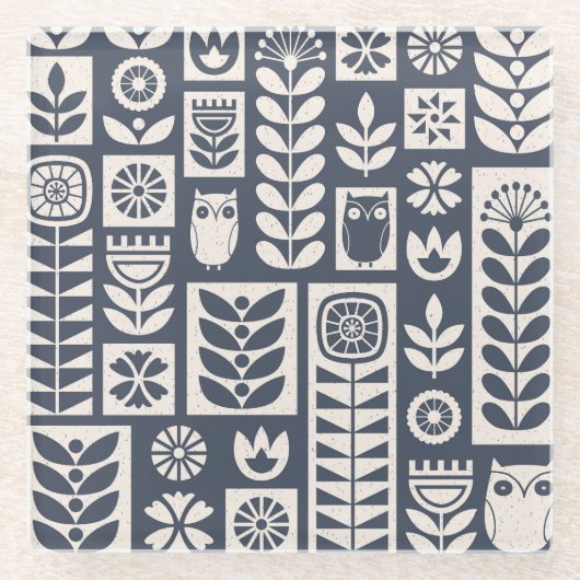 Skandinavische Flora: Weiß, blau, Minimalistisch. Glasuntersetzer (Vorderseite)