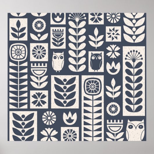 Skandinavische Flora: Weiß, blau, Minimalistisch. Poster (Vorne)