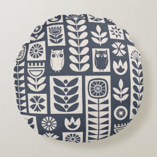 Skandinavische Flora: Weiß, blau, Minimalistisch. Rundes Kissen